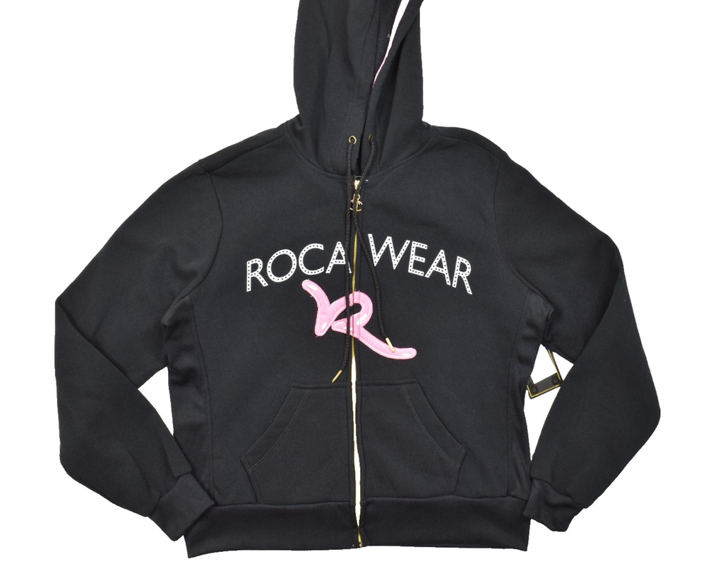 Rocawear Women's 1XL Full Zip Hoodie Caviar Black Pink Logo Rhinestone NWT